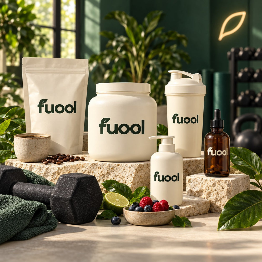 Illustrative FUOOL wellness, fitness and self-care assortment.
