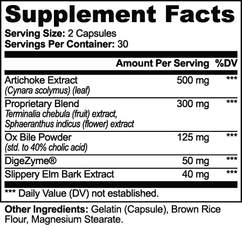 Bilewell Ox Bile Complex – supplement facts label