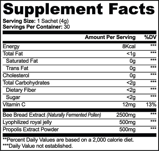 Beeferm Bee Bread Powder – supplement facts label