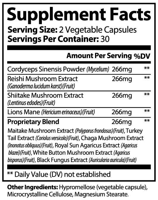 Allten Mushroom Complex 10 X – supplement facts label