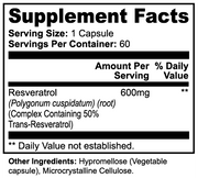 Redvine Resveratrol 50% 600mg – supplement facts label