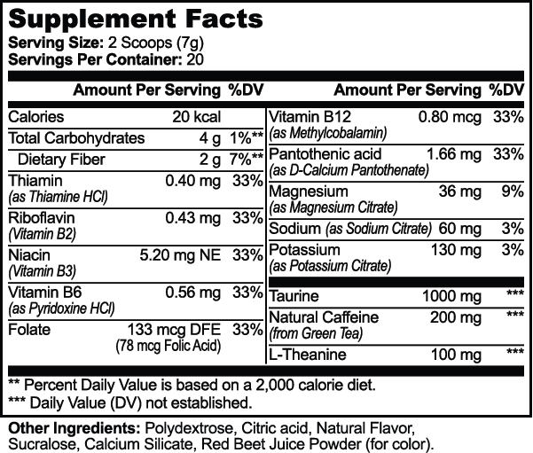Berrybright Energy Powder – Strawberry Shortcake – supplement facts label