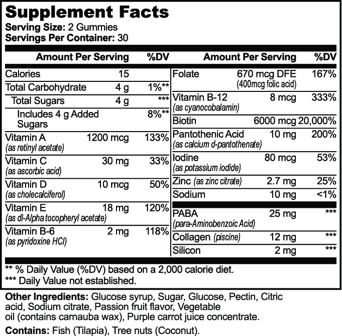 Afterbloom Hair, Skin & Nails Gummies – supplement facts label