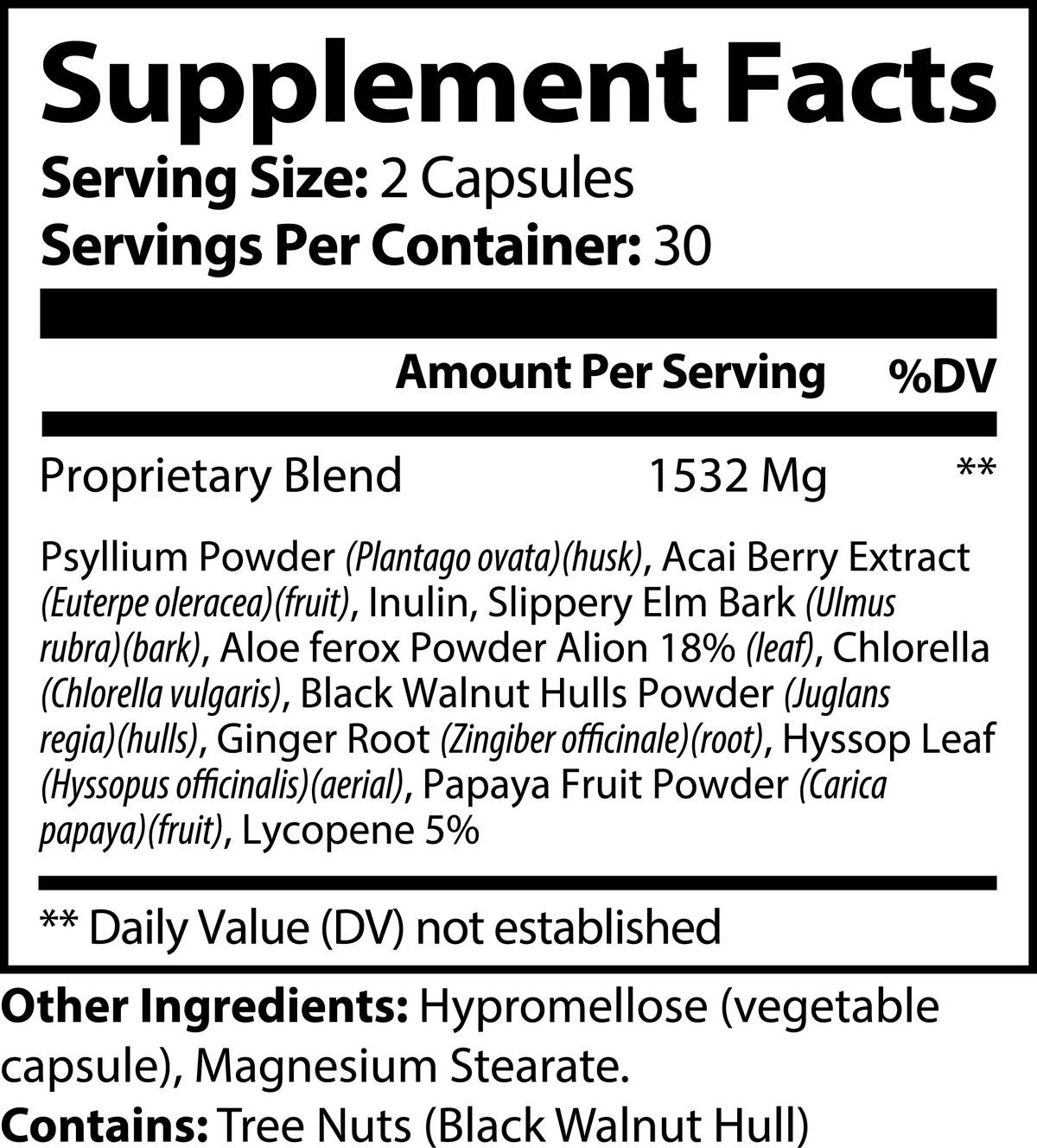 Amazonia Max Detox – Acai detox – supplement facts label
