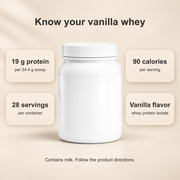 Roadwell vanilla whey facts: 19 g protein per 24.4 g scoop, 90 calories, 28 servings per container. Contains milk.