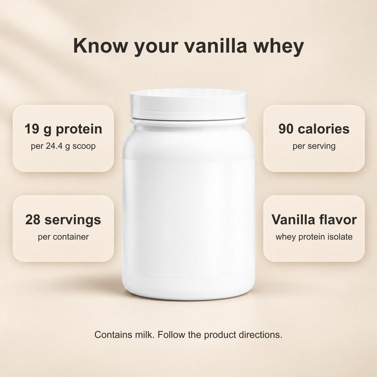 Roadwell vanilla whey facts: 19 g protein per 24.4 g scoop, 90 calories, 28 servings per container. Contains milk.