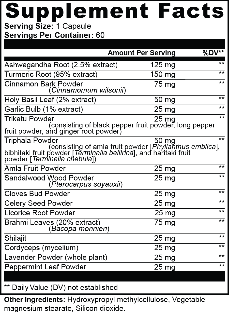 Balanceveda Ayurvedic Complex – supplement facts label
