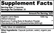 Maneclear Lion's Mane Mushroom – supplement facts label