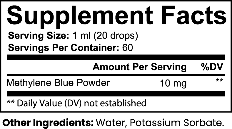 Azurefocus Methylene Blue Drops – supplement facts label