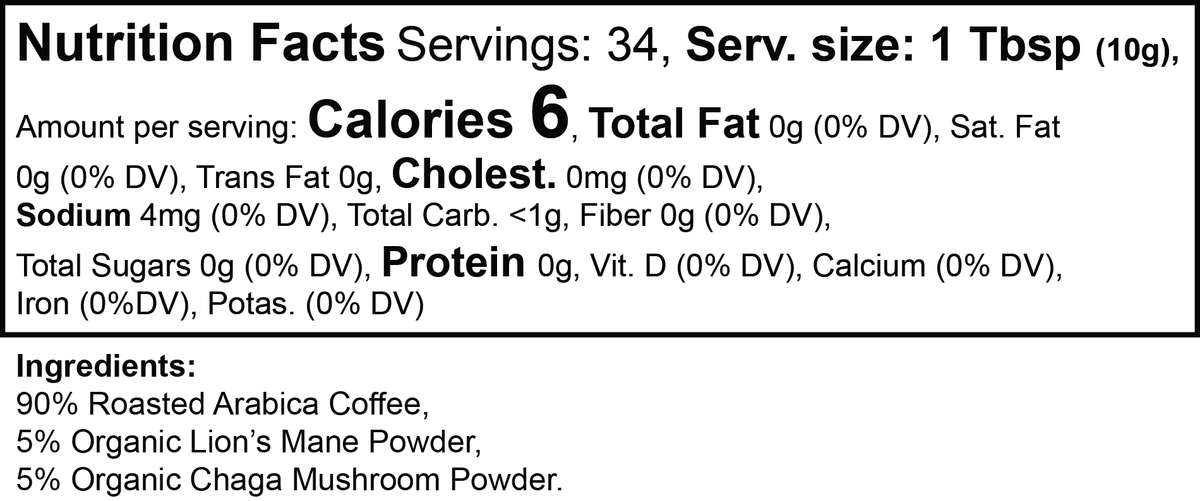 Calmcaf Vitality Mushroom Coffee – Medium Roast – supplement facts label