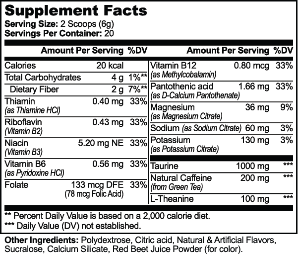 Boardready Energy Powder – Guava Berry – supplement facts label