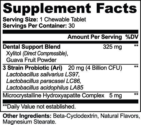 Brushbuddy Dental + Oral Health Chewables – supplement facts label