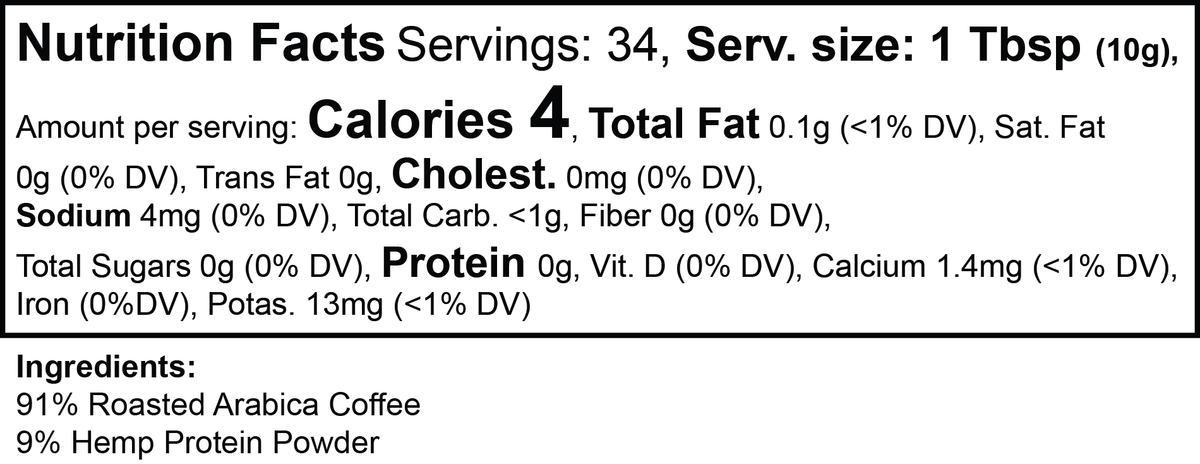 Calmroast Hemp Harvest Coffee – Medium Roast – supplement facts label