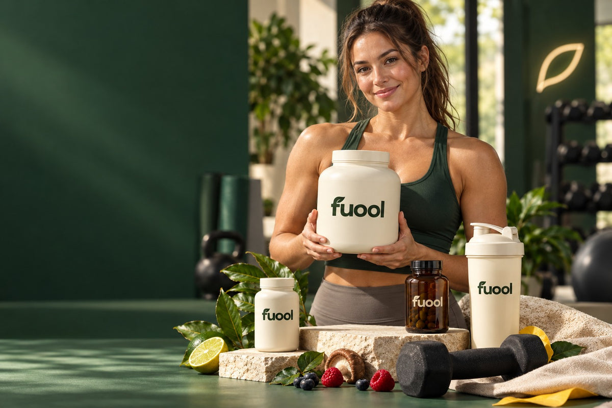 Illustrative FUOOL athlete brand scene with FUOOL packaging.