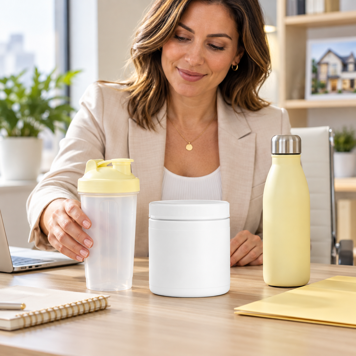 Illustrative adult real estate professional arranging Domicilia mixing essentials at an office desk.
